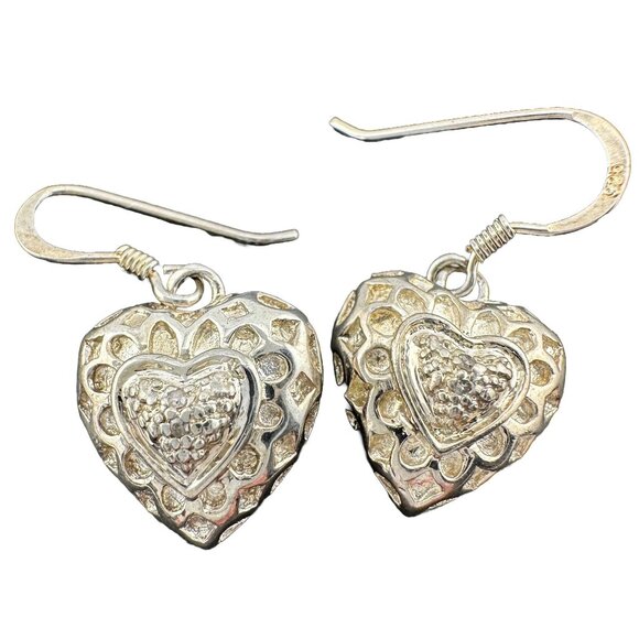 Sterling Silver Heart Dangle Earrings with Small Natural Diamond in Center - Picture 1 of 10